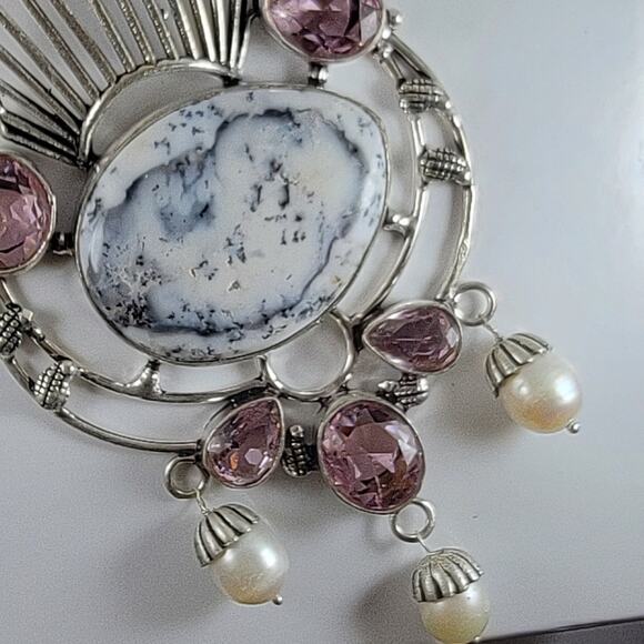 Dendritic Opal Pink Gemstone Pearl Pendant 3" Sterling Silver Jewelry - Picture 4 of 9